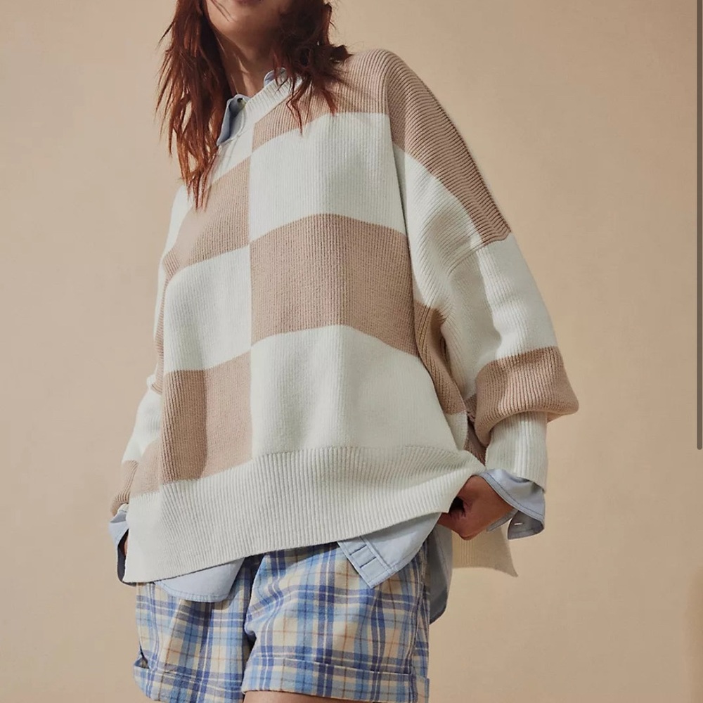 Free People Cozy Cream and Tan Crew Neck Sweater